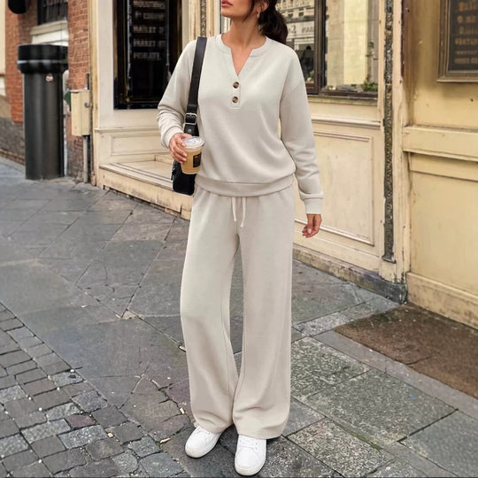 Damen Lounge-Set mit Henley-Kragen und palazzoweiter Jogginghose Shop Nory