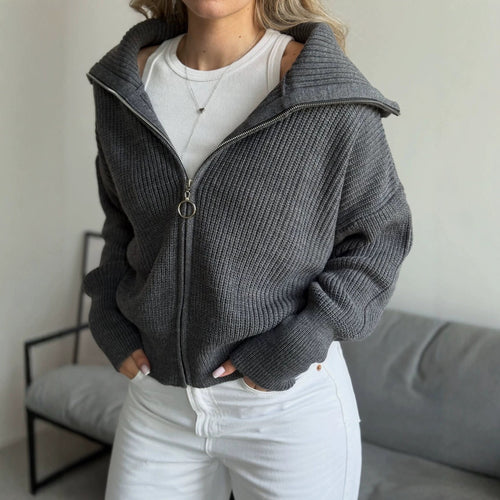 Damen Oversize Strickjacke mit Reißverschluss und hohem Kragen Shop Nory