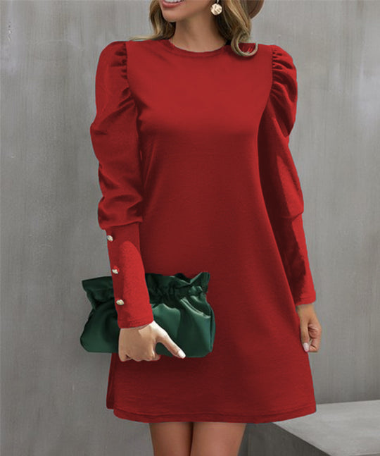 Damen Elegantes A-Linien-Minikleid mit betonten Puffärmeln und Perlenknopf-Ärmelmanschetten Shop Nory
