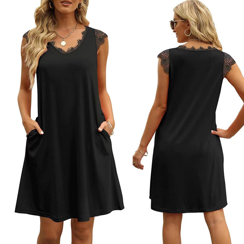 Damen ärmelloses Kleid mit Spitzendetail und seitlichen Taschen Shopnory