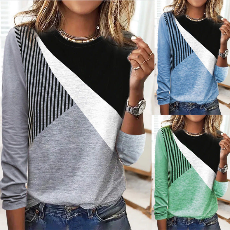 Damen Farbblock Langarmshirt mit schrägem Streifenmuster und Rundhalsausschnitt Shop Nory