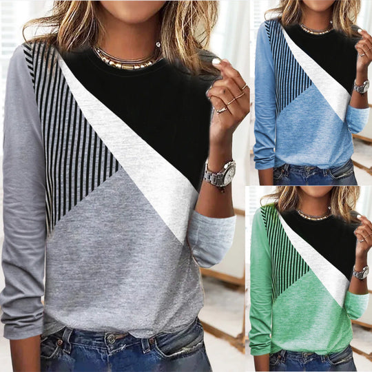 Damen Farbblock Langarmshirt mit schrägem Streifenmuster und Rundhalsausschnitt Shop Nory