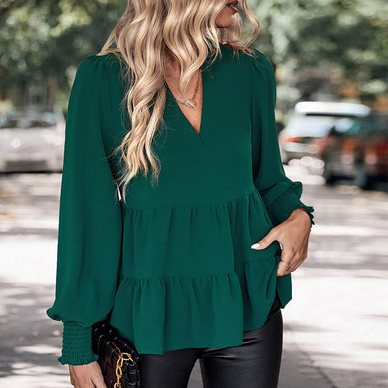 Damen Zweistufige Volant-Bluse mit V-Ausschnitt und gerafften Ärmelbündchen Shop Nory