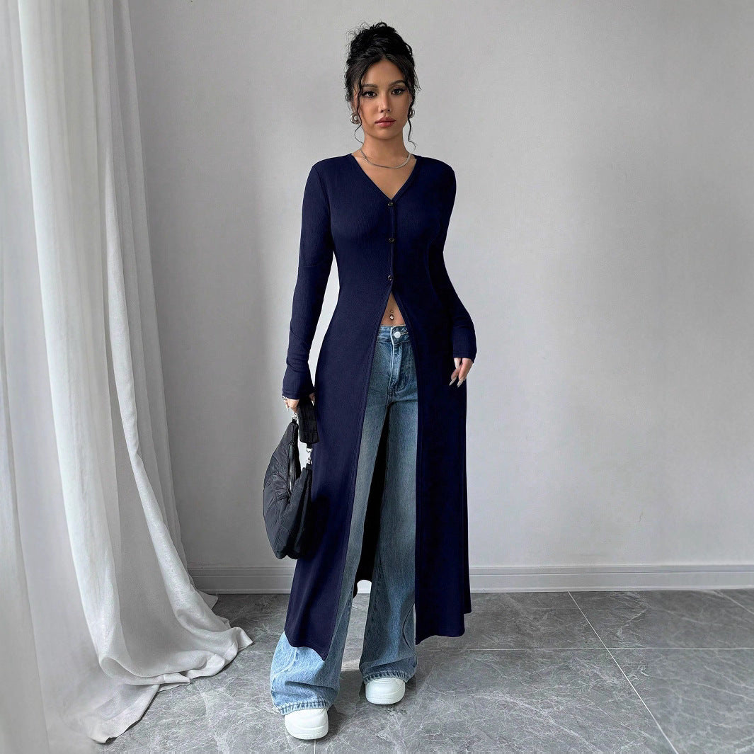 Damen Langstrickjacke mit V-Ausschnitt und Knopfverschluss