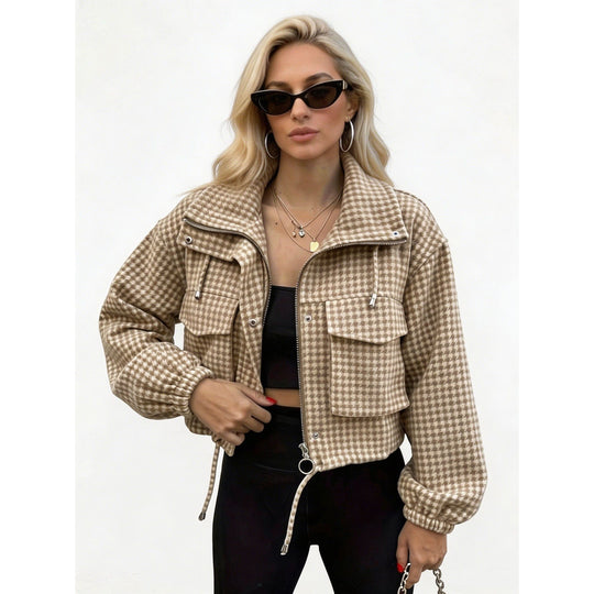 Damen Karo-Cropped-Jacke mit Stehkragen, Tunnelzug und elastischen Bündchen Shop Nory