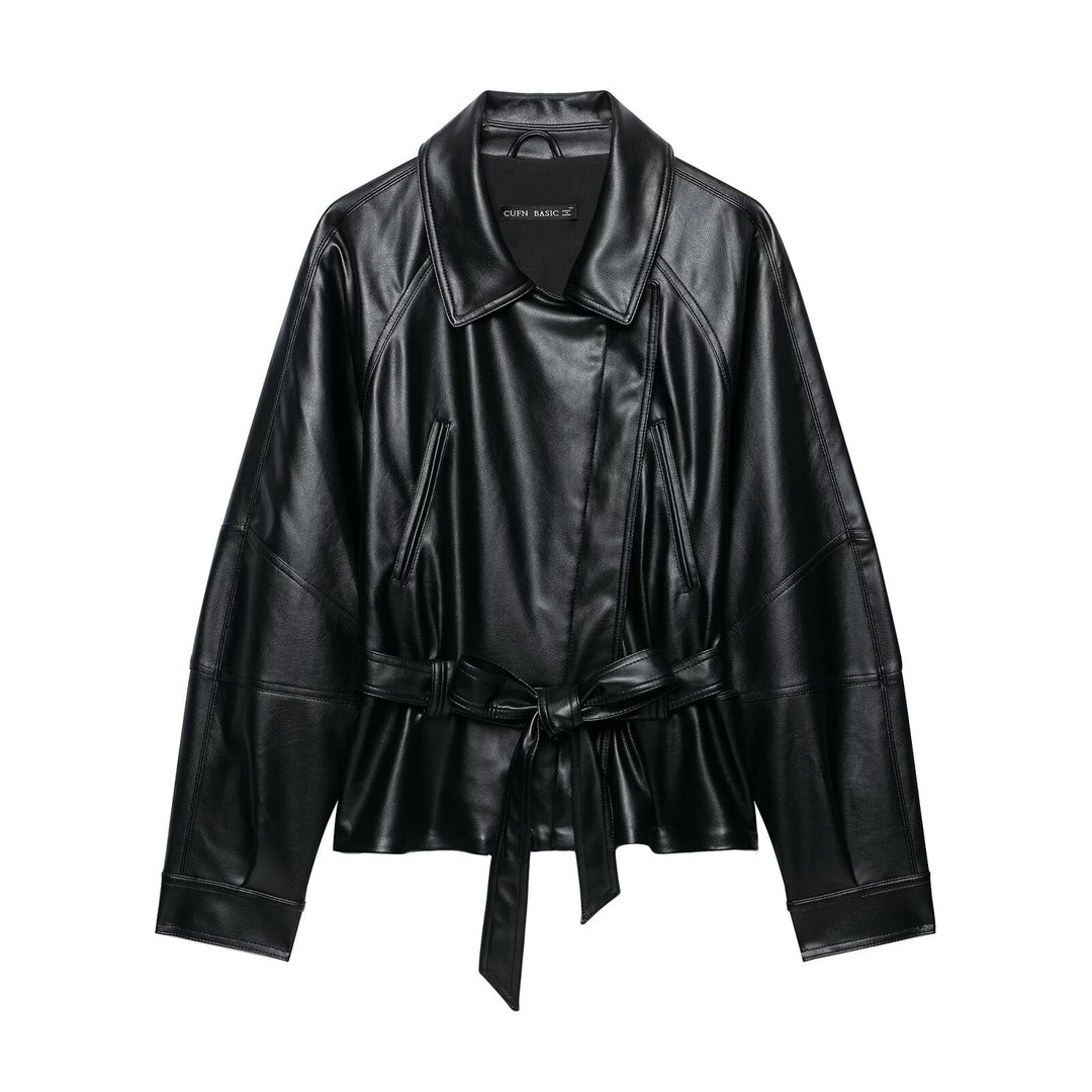 Damen Taillierter Kunstleder-Blazer mit Bindegürtel und Schalkragen Shop Nory