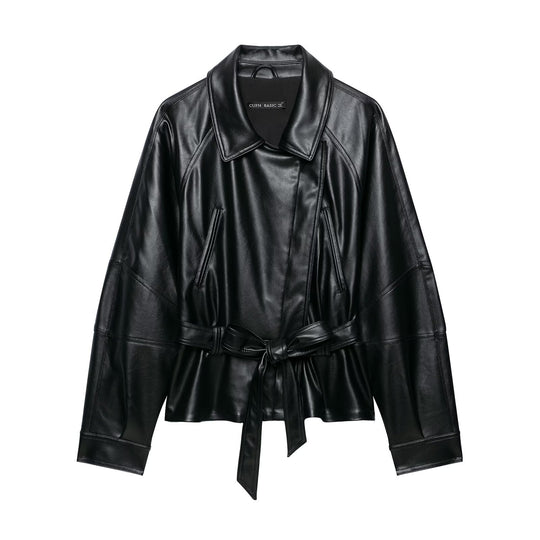 Damen Taillierter Kunstleder-Blazer mit Bindegürtel und Schalkragen Shop Nory