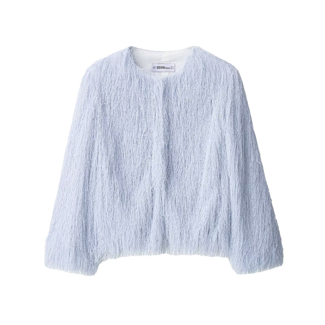 Damen Flauschige Fransenjacke mit Rundhalsausschnitt und Boxy-Schnitt Shop Nory