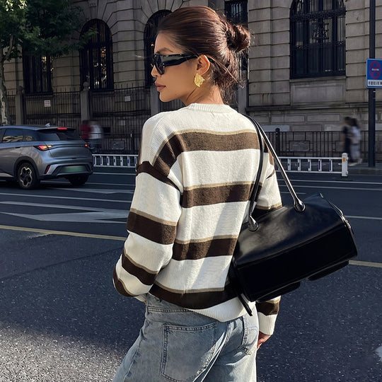 Damen Oversize-Strickpullover mit breiten Blockstreifen und Rundhalsausschnitt Shop Nory