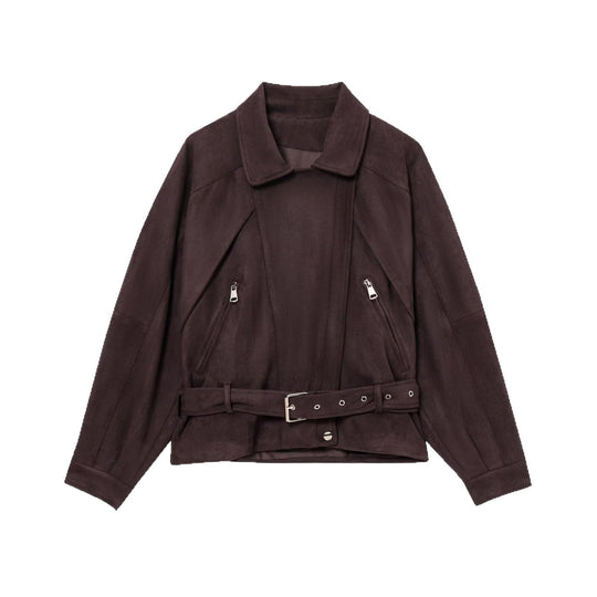 Damen Kurzjacke aus Veloursimitat mit Taillengürtel, kastigem Schnitt und Reißverschlusstaschen Shop Nory