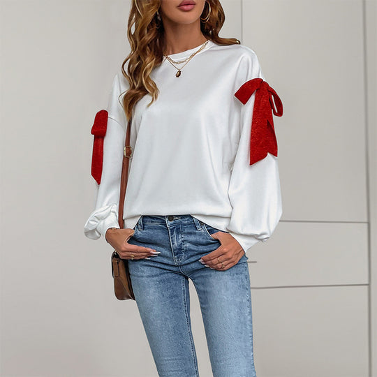 Damen Sweatshirt mit Ballonärmeln und Schleifen-Applikation Shop Nory