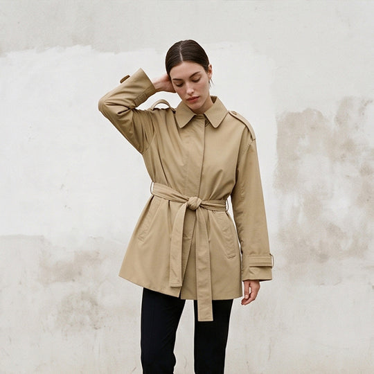 Damen Kurztrenchcoat mit Taillengürtel, Schulterklappen und verstellbaren Manschetten Shop Nory