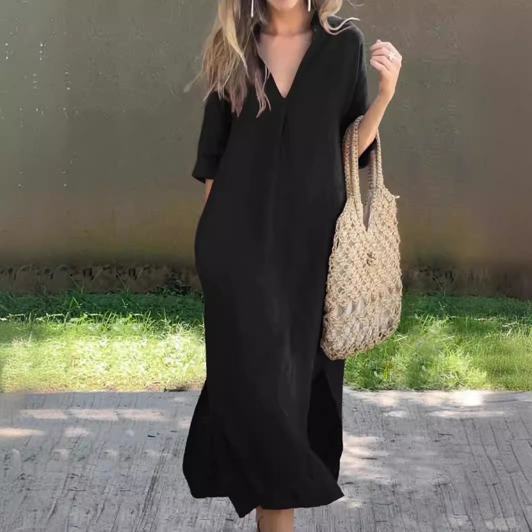 Damen lässiges Midikleid aus leichtem Material mit V-Ausschnitt und Seitentaschen