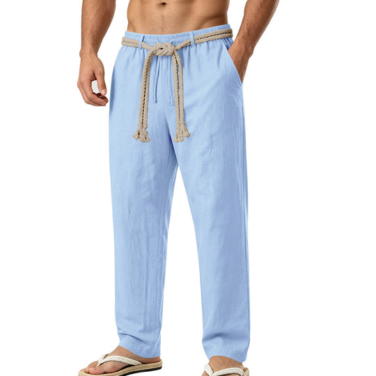 Herren lässige Leinen-Loungehose mit elastischem Bund, dekorativem Seilgürtel und Seitentaschen Shop Nory