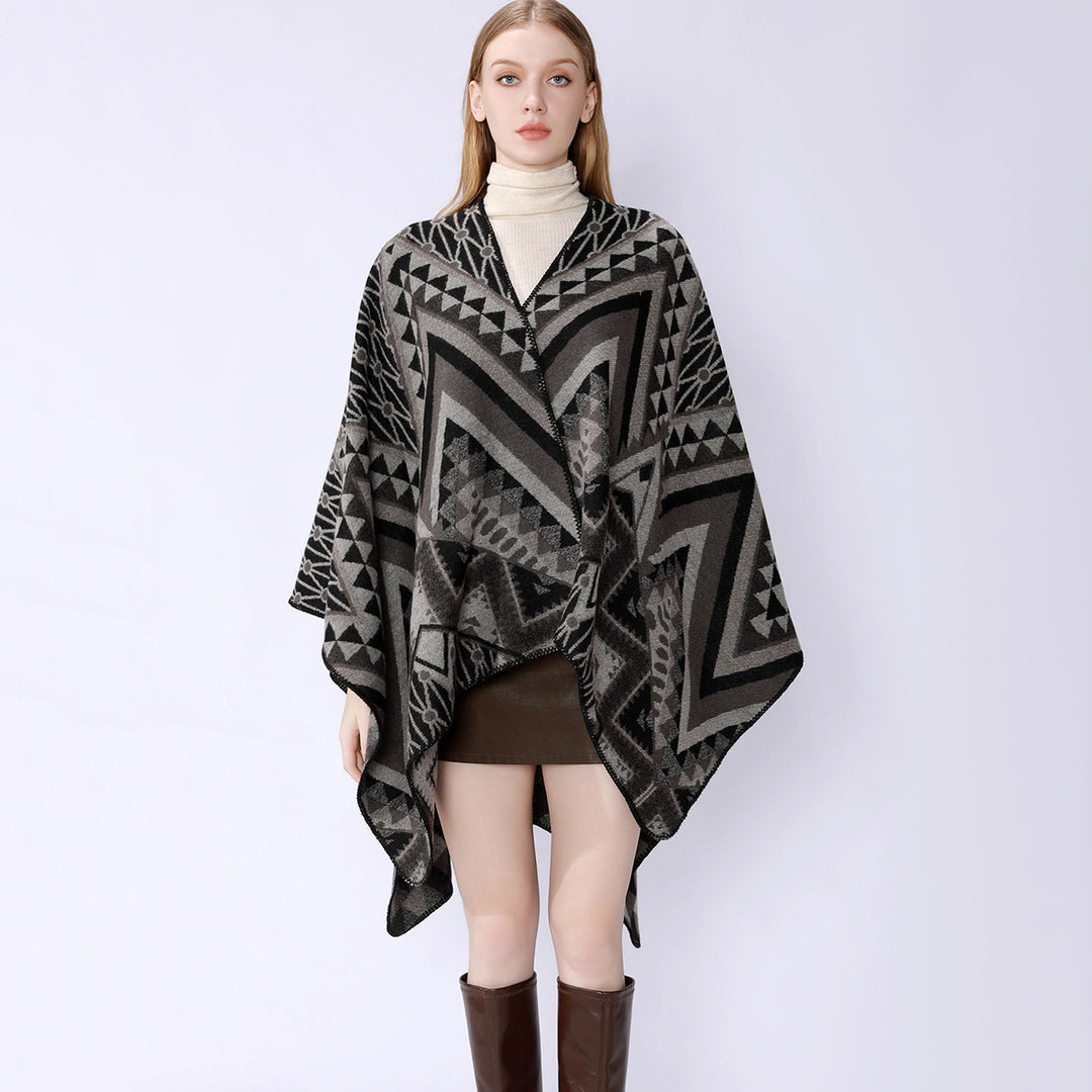 Damen Strukturiertes Jacquard-Poncho-Überwurf mit grafischem Ethno-Muster und offenem Kimono-Fall Shop Nory