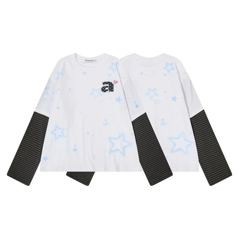Damen Layered-Langarmshirt mit gestreiften Einsatzärmeln, Stern-Print und Applikation Shop Nory