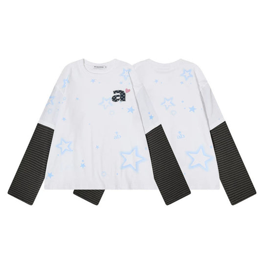 Damen Layered-Langarmshirt mit gestreiften Einsatzärmeln, Stern-Print und Applikation Shop Nory