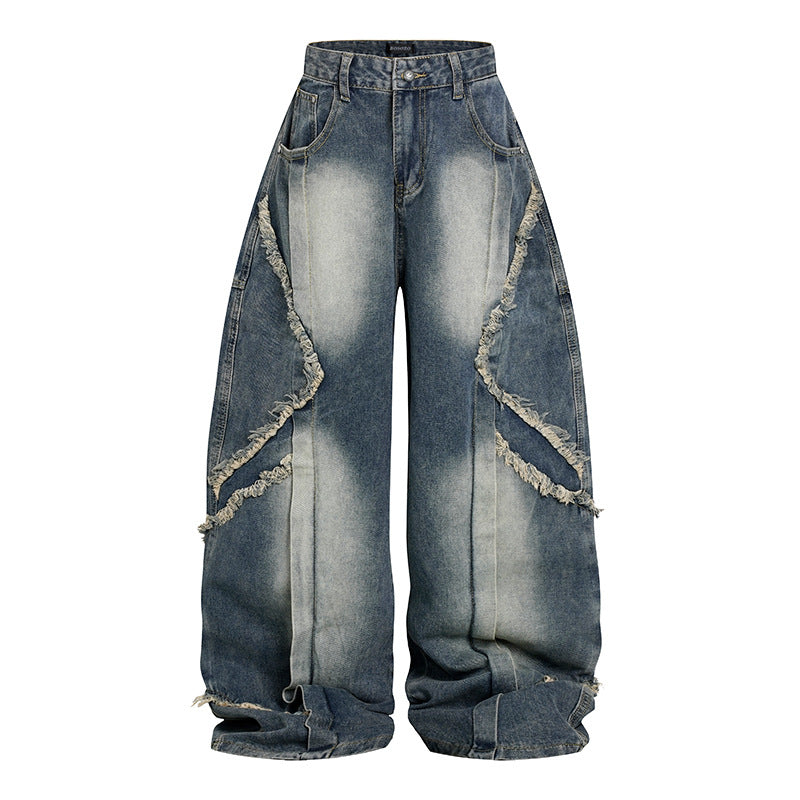 Damen Hochtaillierte weite Baggy-Jeans mit ausgefransten Lagenpanelen und Used-Look Shop Nory