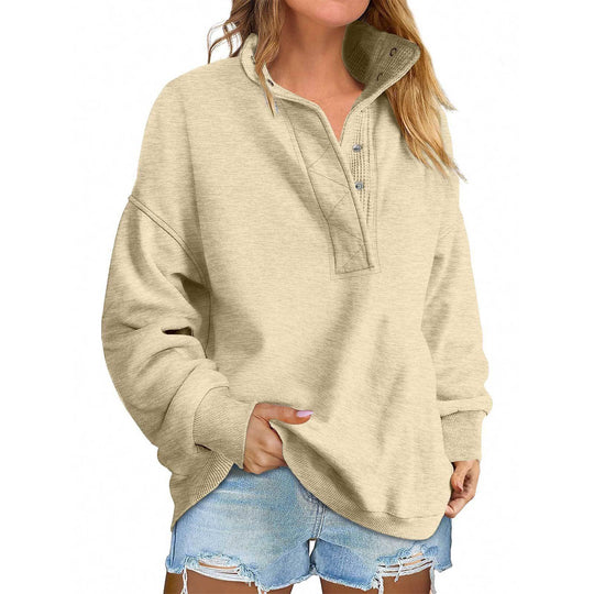 Damen Oversize-Henley-Sweatshirt mit Stehkragen und Druckknopfleiste Shop Nory
