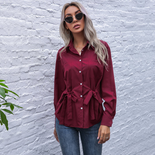 Damen Taillierte Hemdbluse mit Bindegürtel und Brusttaschen Shop Nory