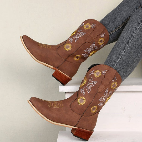Damen Western-Stiefel mit bestickten Sonnenblumen und komfortablem Blockabsatz Shop Nory