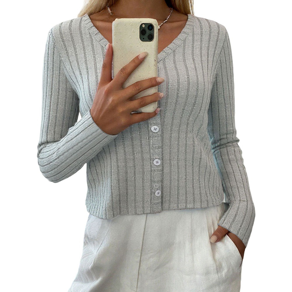 Damen gerippter taillierter V‑Ausschnitt Knopfcardigan Feinstrick Shop Nory