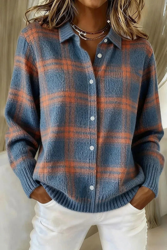 Damen Kariertes Strick-Hemdjacke-Cardigan mit Hemdkragen und gerippten Bündchen Shop Nory