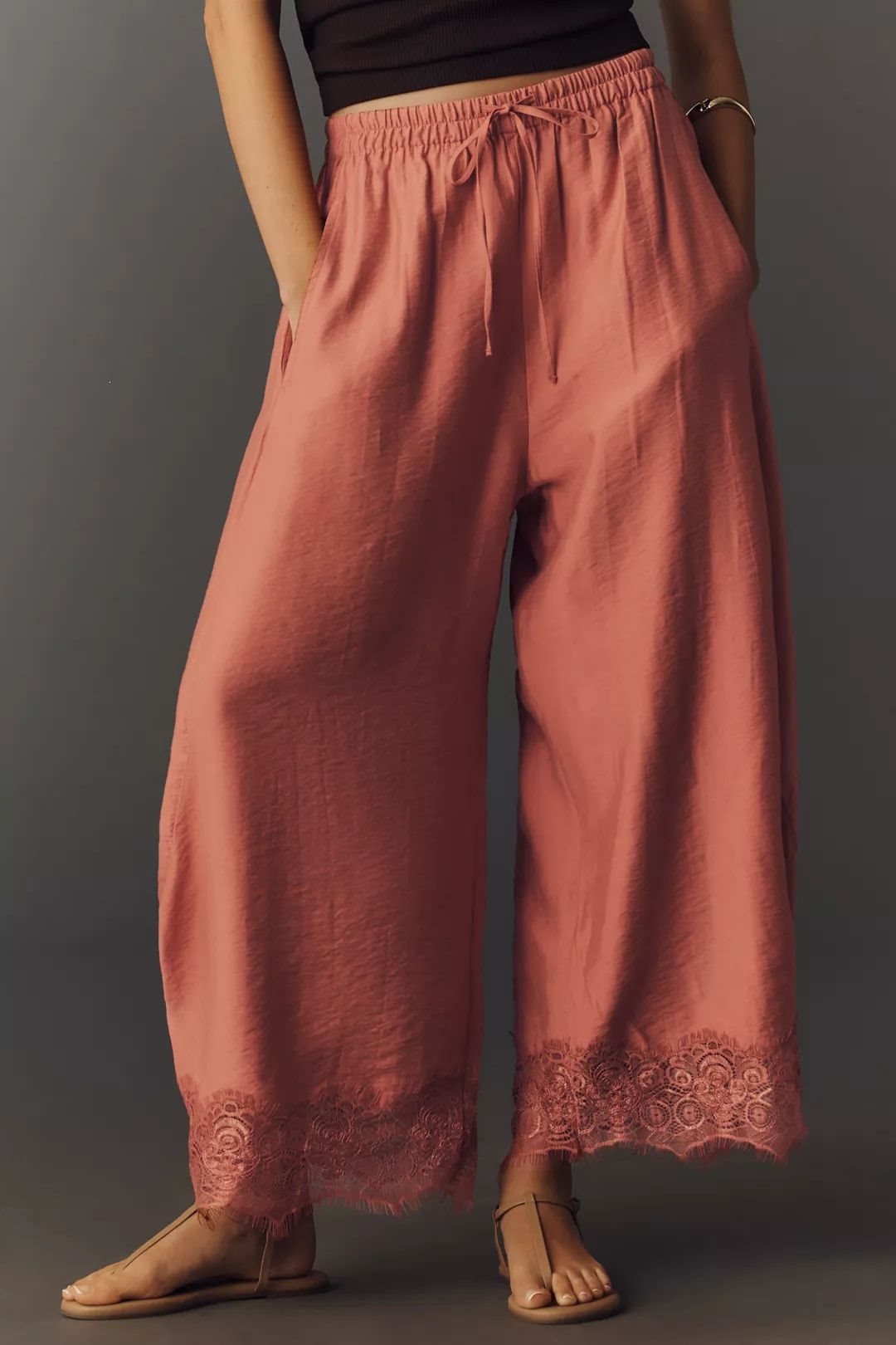 Damen Weite Palazzo-Hose mit elastischem Tunnelzugbund und Spitzenbesatz Shop Nory