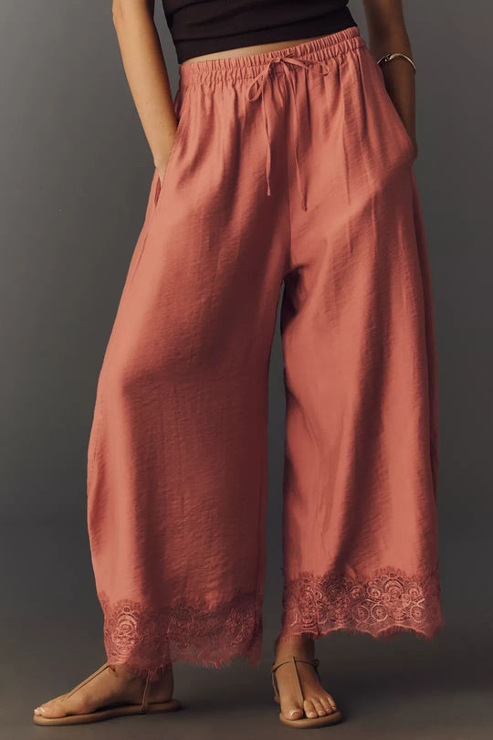 Damen Weite Palazzo-Hose mit elastischem Tunnelzugbund und Spitzenbesatz Shop Nory