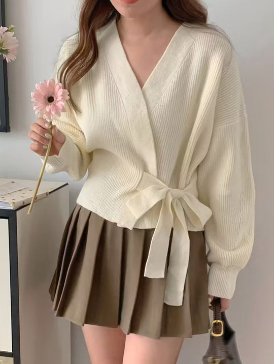 Damen Wickel-Strickjacke mit V-Ausschnitt, Taillenschleife und Ballonärmeln Shop Nory
