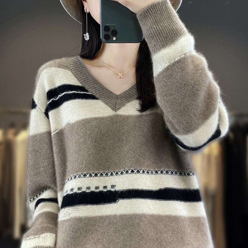 Damen Oversize-Strickpullover mit V‑Ausschnitt und grafischem Streifenmix Shop Nory