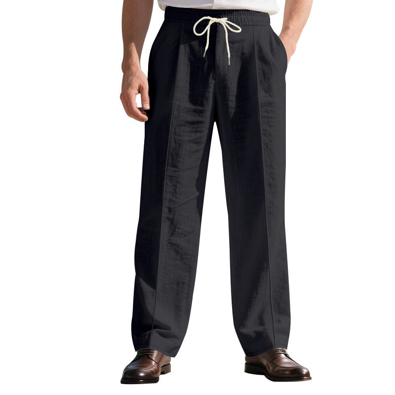 Herren nan legere Leinen-Bundfaltenhose mit elastischem Bund und Kordelzug