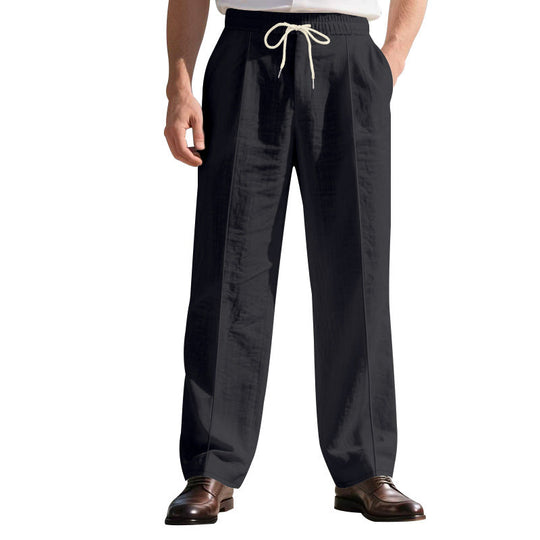 Herren nan legere Leinen-Bundfaltenhose mit elastischem Bund und Kordelzug