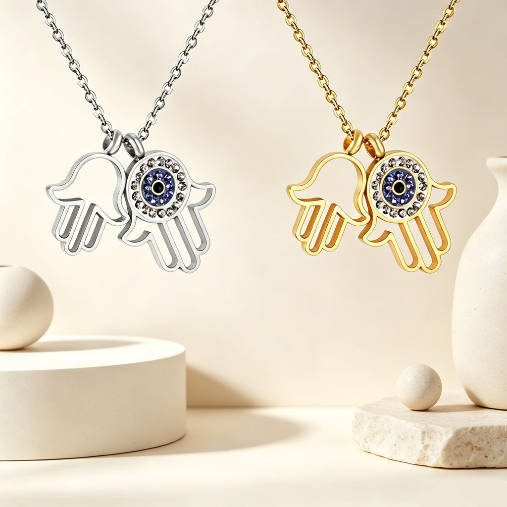 Damen Halskette mit Hamsa-Anhänger aus hochwertigem Edelstahl und funkelnden Zirkonia Shop Nory