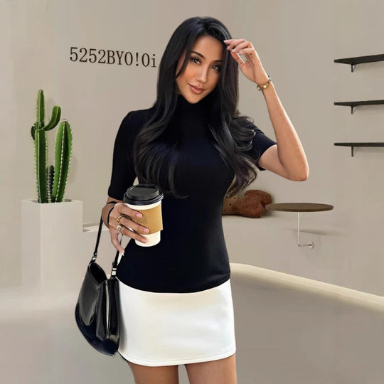 Damen figurbetontes T-Shirt mit Stehkragen und kurzen Ärmeln Shopnory