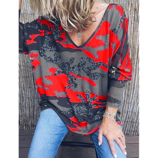 Damen Oversize V‑Ausschnitt Longshirt mit Camouflage‑Print und Glitzerbesatz Shop Nory