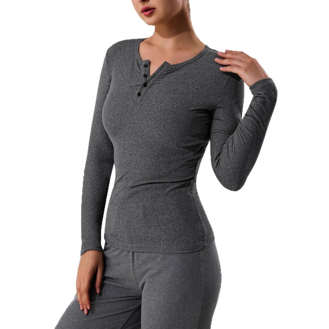 Damen Geripptes Henley-Langarmshirt mit Knopfleiste und figurnahem Schnitt Shopy Nory