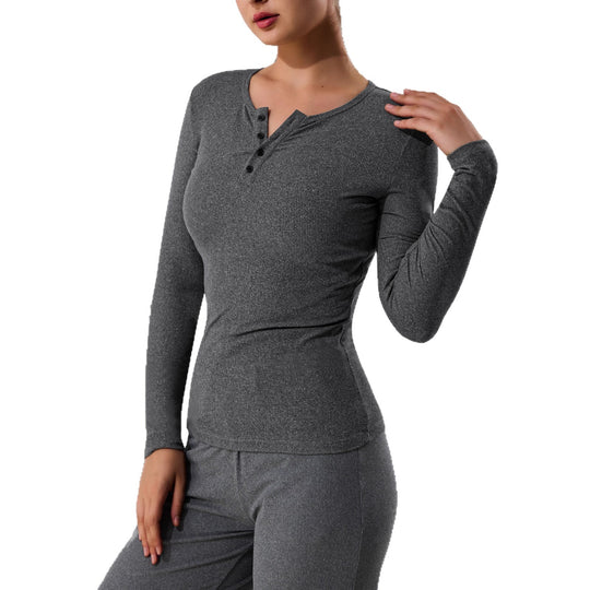 Damen Geripptes Henley-Langarmshirt mit Knopfleiste und figurnahem Schnitt Shopy Nory