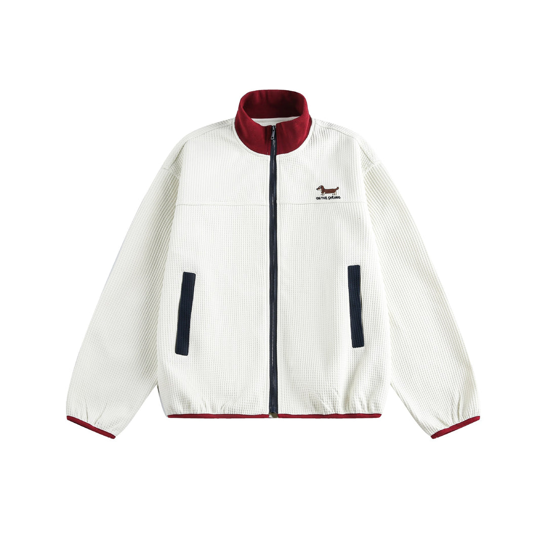 Damen Waffelstruktur Zipjacke im Boxy‑Cut mit Stehkragen und Hundestickerei Shop Nory