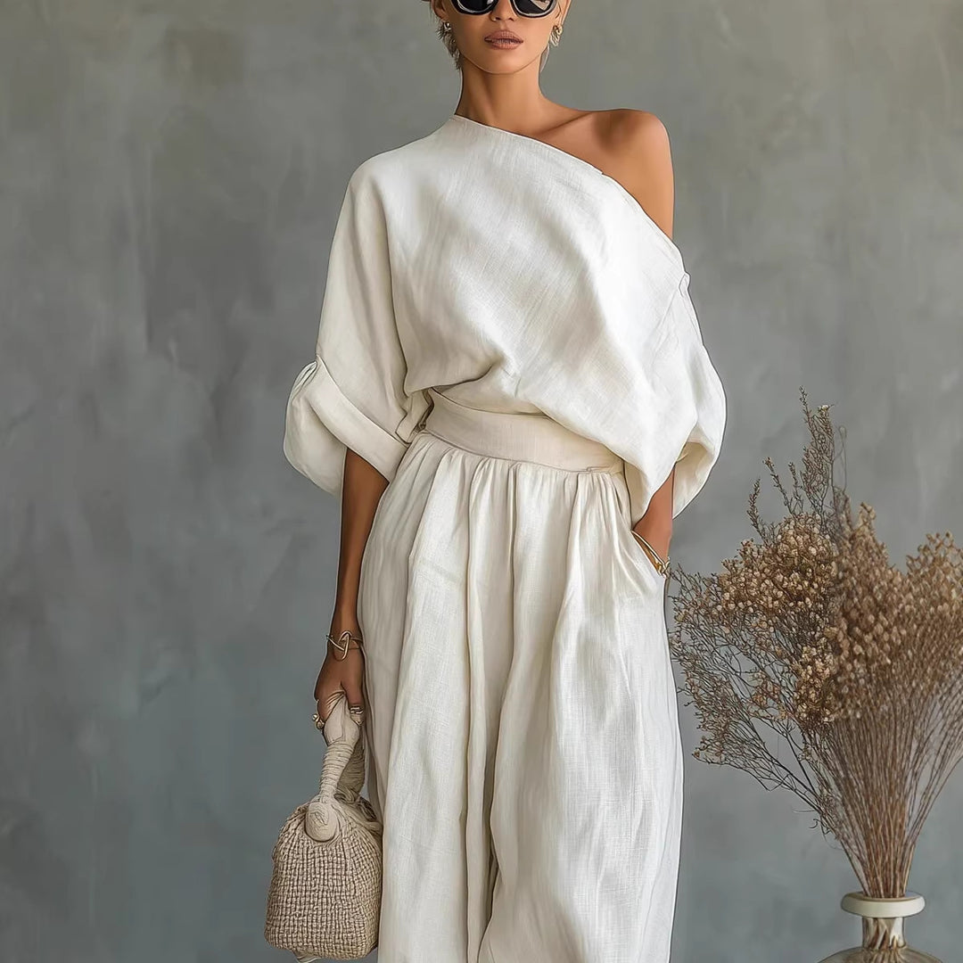 Damen Leinen-Set mit One-Shoulder-Oberteil und weiten Haremshosen Shop Nory