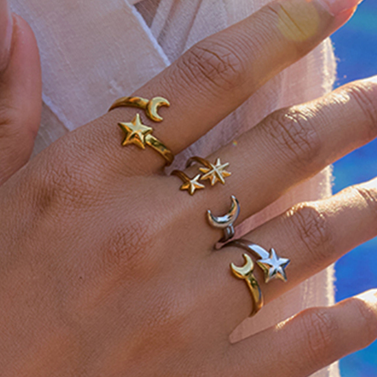 Damen Offener Ring mit mondförmigem und sternförmigen Design Shop Nory