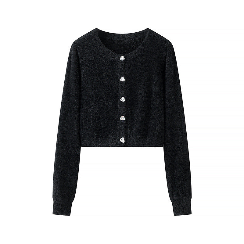 Damen Flauschige Cropped-Strickjacke mit Rundhals und Zierknopfleiste Shop Nory