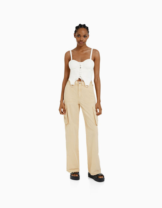 Damen nan weite High-Waist Cargo-Hose mit aufgesetzten Pattentaschen und geradem Bein Shop Nory