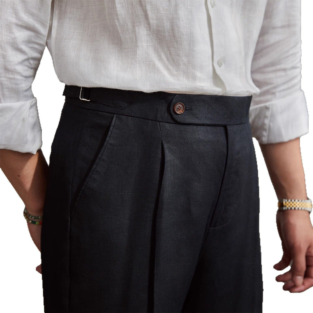 Herren Leinenhose mit hoher Taille, Bundfalten und verstellbarem Seitenriegel Shop Nory