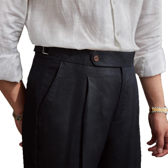 Herren Leinenhose mit hoher Taille, Bundfalten und verstellbarem Seitenriegel Shop Nory