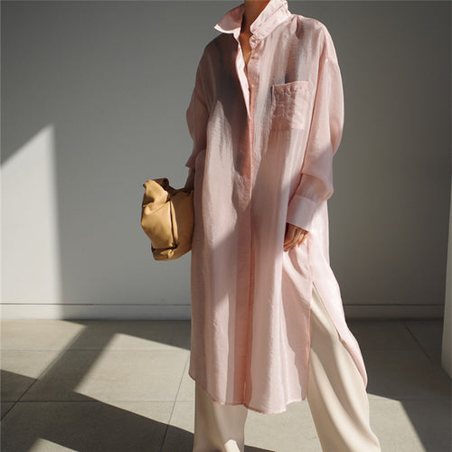 Damen Weites Oversize-Hemdblusenkleid mit Brusttasche und hohen Seitenschlitzen Shop Nory