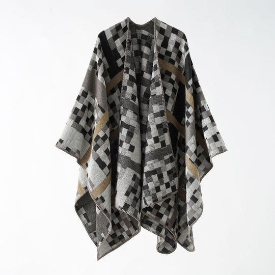 Damen Kastiger Webponcho mit grafischem Jacquard und Kettelkante Shop Nory