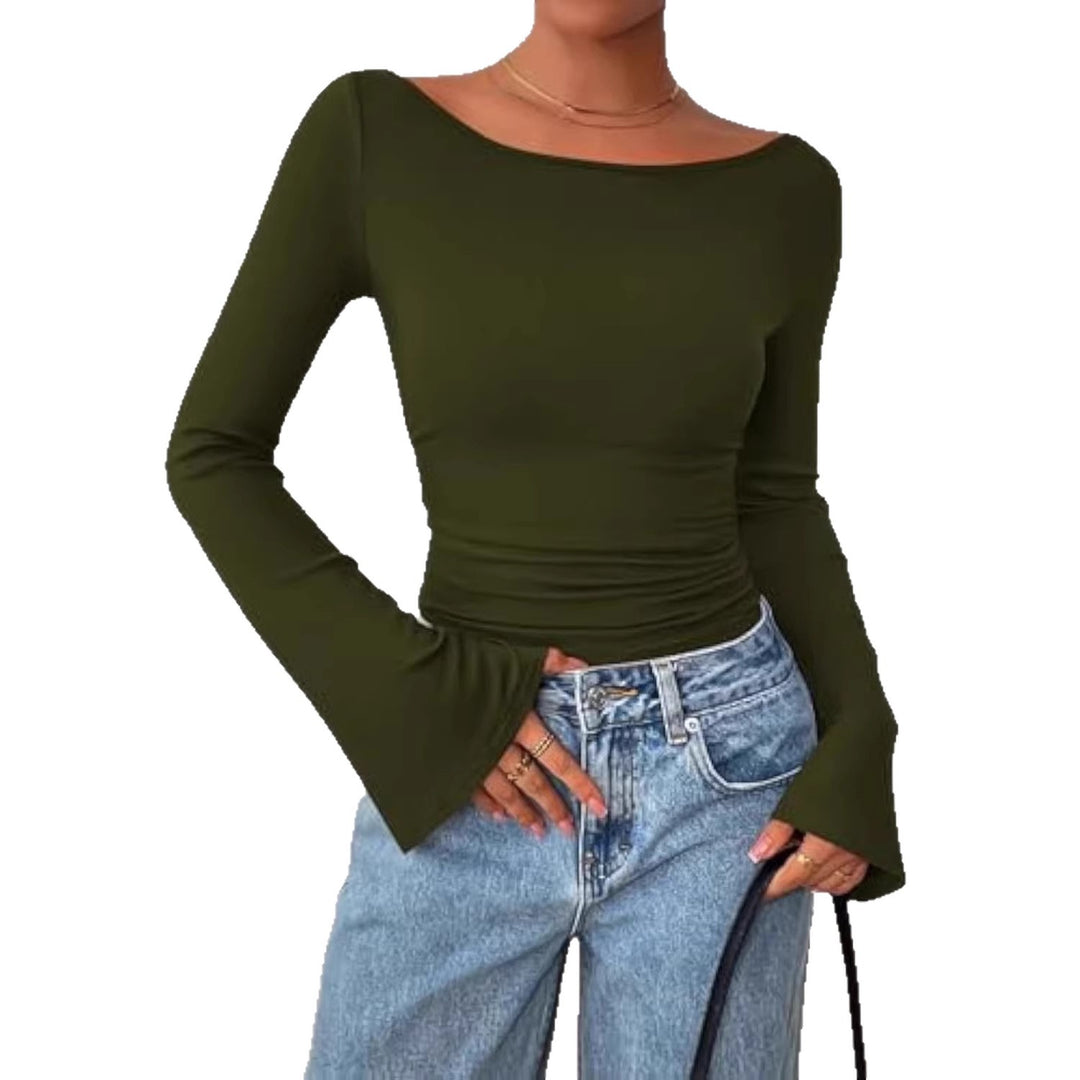 Damen Enganliegendes Langarm-Oberteil mit Carmen-Ausschnitt, Taillenraffung und ausgestellten Ärmeln Shop Nory
