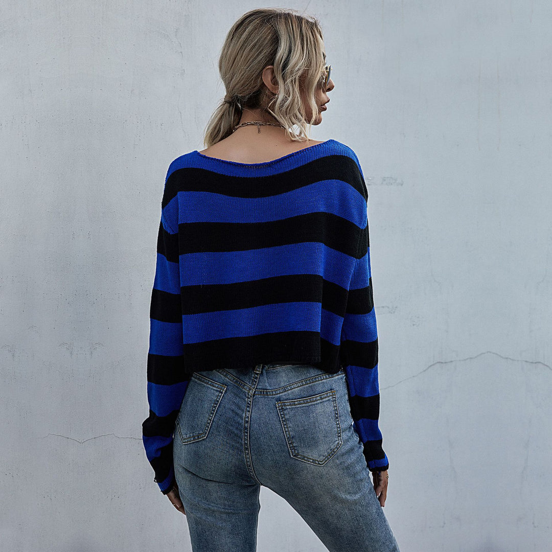 Damen Lässiger Crop-Pullover mit Streifen und Destroyed-Details Shop Nory