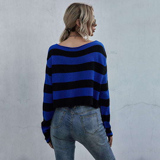 Damen Lässiger Crop-Pullover mit Streifen und Destroyed-Details Shop Nory